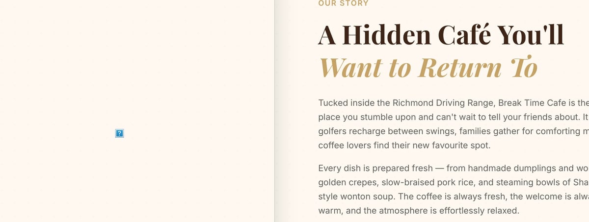 Magazine article titled A Hidden Café Youll Want to Return To with text about a cozy coffee shop and its offerings
